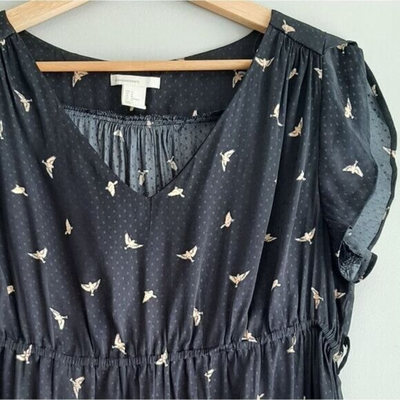 H&M MAMA Maternity Frilled-Sleeve Bird Print Navy Light Dress Sz M - Picture 6 of 13
